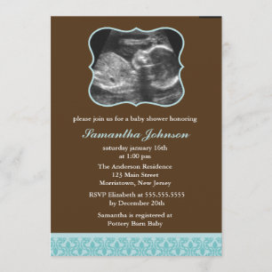 Blue Damask Pattern Sonogram Baby shower Kaart