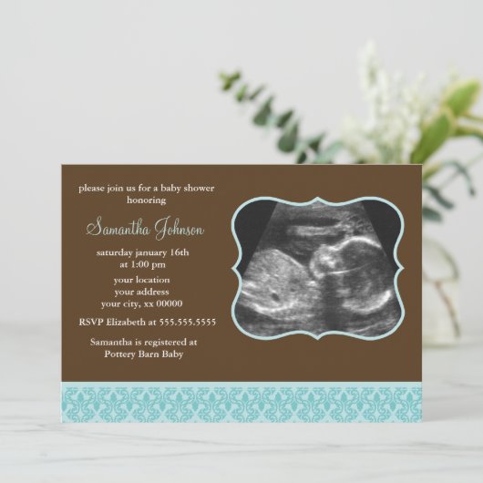 Blue Damask Pattern Sonogram Baby shower Kaart (Staand voorkant)