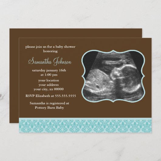 Blue Damask Pattern Sonogram Baby shower Kaart (Voorkant / Achterkant)