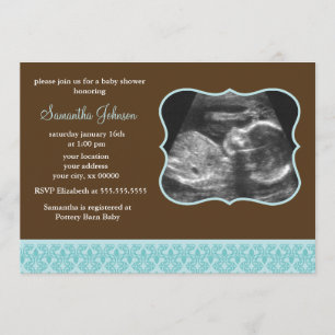 Blue Damask Pattern Sonogram Baby shower Kaart