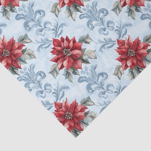Blue Damask Pattern with Red Poinsettia Flowers Tissuepapier (Detail)