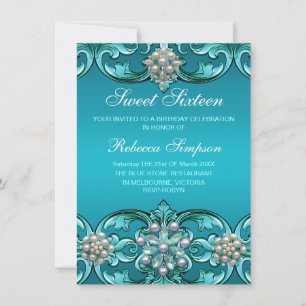 Blue Damask & Pearl Sweet 16 Invitation d'annivers