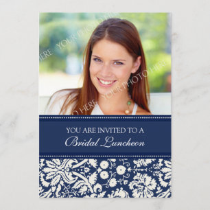 Blue Damask Photo Bridal Luncheon Invitation Card Kaart