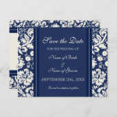 Blue Damask Save the Date Wedding Briefkaarten (Voorkant / Achterkant)