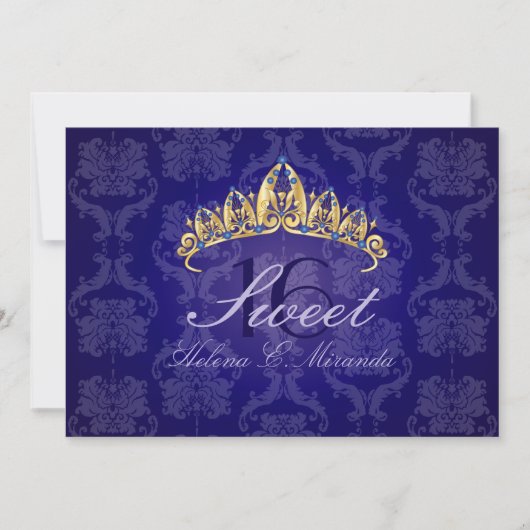 Blue Damask Sweet 16/ invitations tiara/indigo (Devant)