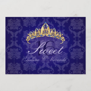 Blue Damask Sweet 16/ invitations tiara/indigo