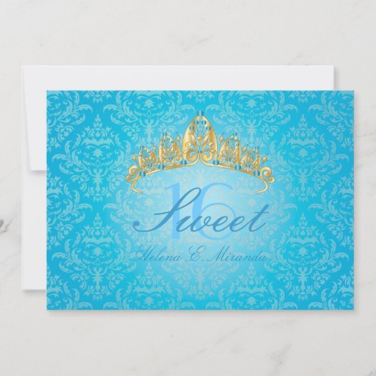 Blue Damask Sweet 16/ invitations tiara/turquoise (Devant)