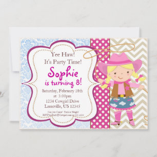 Blue Damask, Tan Chevron Cowgirl Birthday Party Kaart