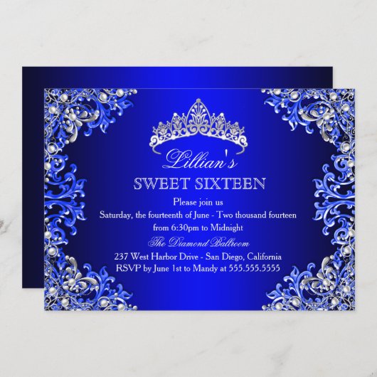 Blue Damask Tiara Sweet 16 Invitation (Devant / Derrière)