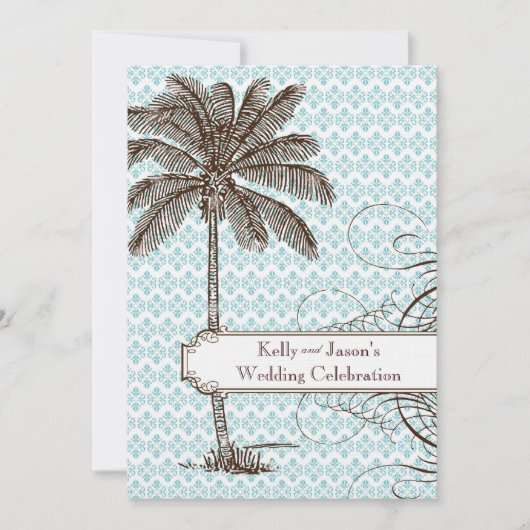 Blue Damask Tropical Palm Wedding Invitation Kaart (Voorkant)