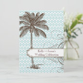 Blue Damask Tropical Palm Wedding Invitation Kaart (Staand voorkant)