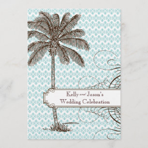 Blue Damask Tropical Palm Wedding Invitation Kaart