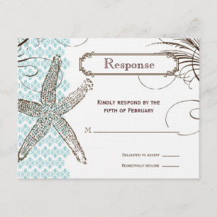 Blue Damask Tropical Wedding Response Card RSVP Kaartje