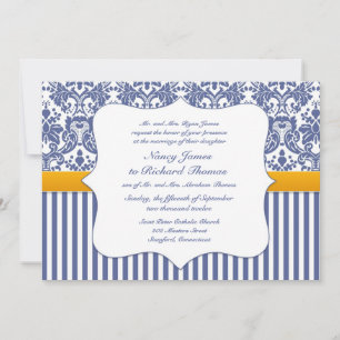Blue Damask Wedding Flat Uitnodiging