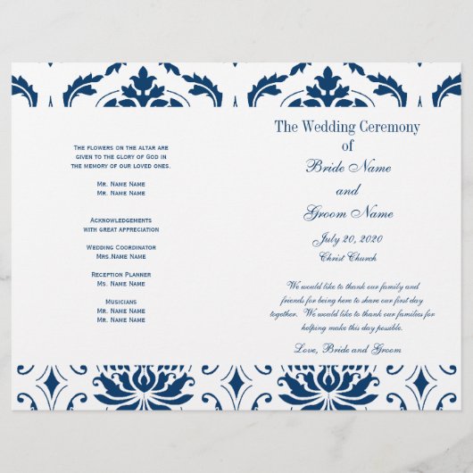 Blue Damask Wedding Program (Voorkant)