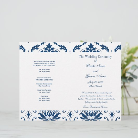 Blue Damask Wedding Program (Staand voorkant)
