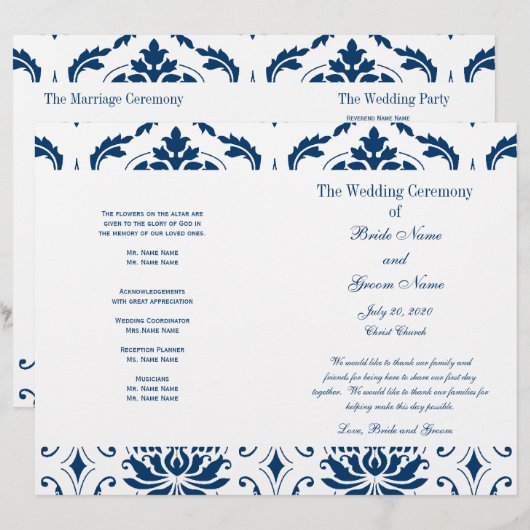 Blue Damask Wedding Program (Voorkant / Achterkant)