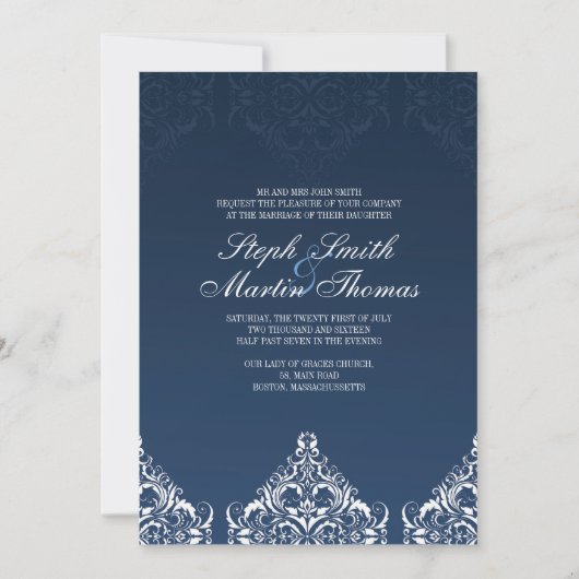 Blue Damask Wedding Uitnodiging (Voorkant)