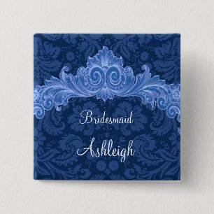 Blue Damaskl Bridesmaid Wedding Custom Vierkante Button 5,1 Cm
