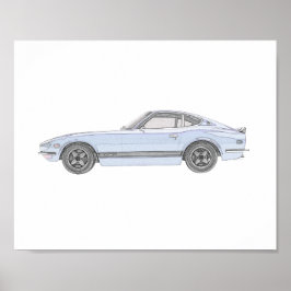 Blue Datsun 240Z Potcil Style Drawing Value Poster