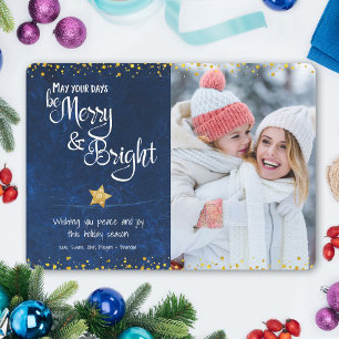 Blue Days Be Merry Bright Gold Glitter Star Foto Feestdagenkaart