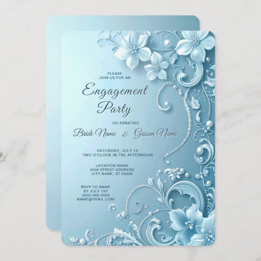 Blue Decorative Floral Engagement Invitation (Devant / Derrière)