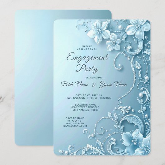 Blue Decorative Floral Engagement Invitation Kaart (Voorkant / Achterkant)