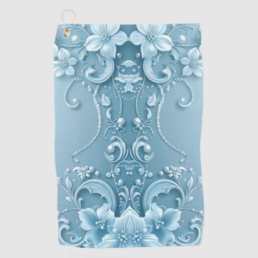 Blue Decorative Floral Golf Towel Golfhanddoek (Voorkant)