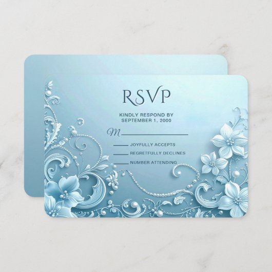Blue Decorative Floral RSVP Card (Devant / Derrière)