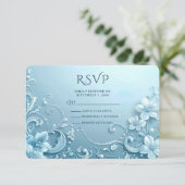 Blue Decorative Floral RSVP Card (Debout devant)