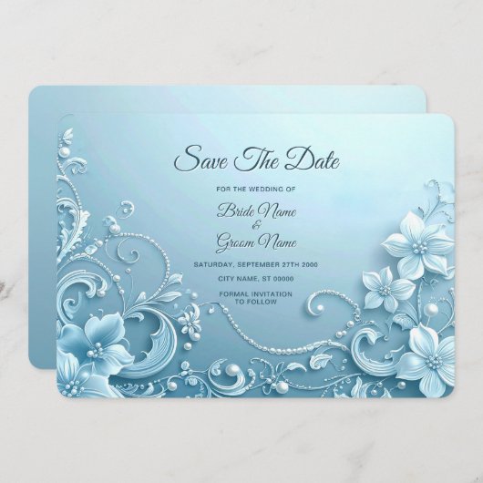 Blue Decorative Floral Save The Date (Devant / Derrière)