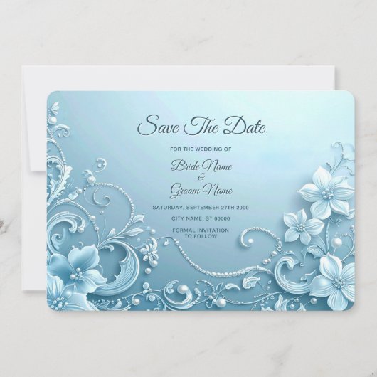Blue Decorative Floral Save The Date (Voorkant)