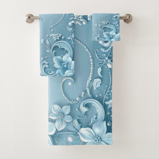 Blue Decorative Floral Towel Set Bad Handdoek (Insitu)