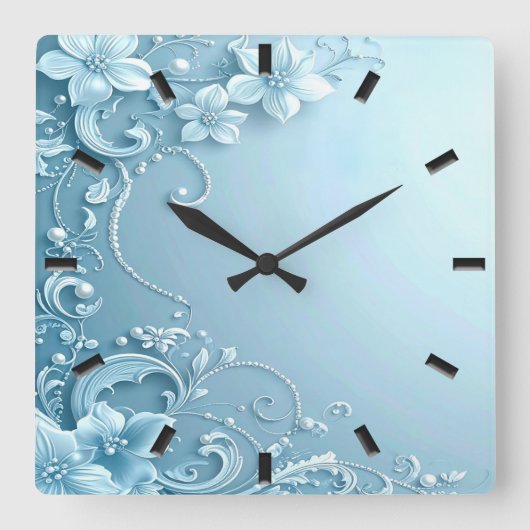 Blue Decorative Floral Wall Clock Vierkante Klok (Voorkant)