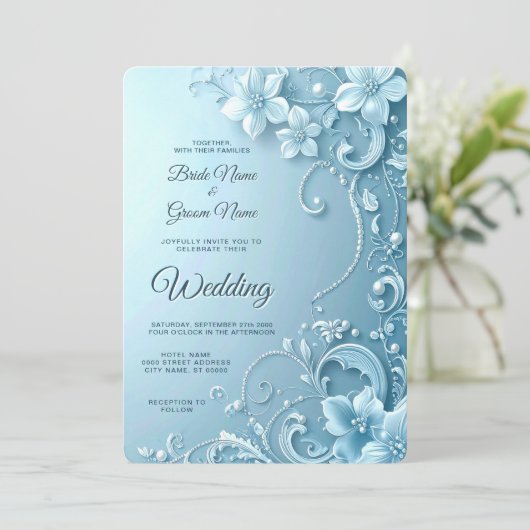 Blue Decorative Floral Wedding Invitation (Debout devant)
