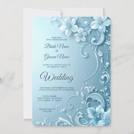 Blue Decorative Floral Wedding Invitation (Devant)