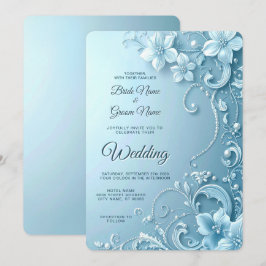 Blue Decorative Floral Wedding Invitation Kaart