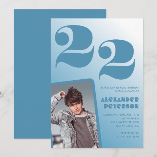 Blue dégradé 22e anniversaire invitations Lui Phot (Devant / Derrière)