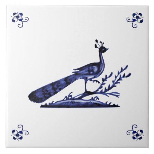 Blue Delft Peacock Tegeltje (Voorkant)