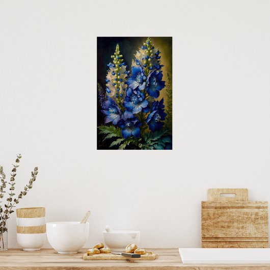 Blue Delphinium Bloemen Art Print Poster (Keuken)