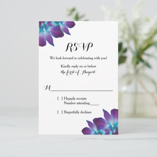 Blue Dendrobium Orchidee bruiloft RSVP Kaart (Staand voorkant)