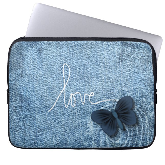 Blue Denim Butterfly Love Laptop Sleeve (Voorkant)