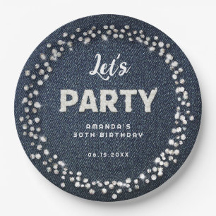 Blue Denim Diamonds Glitter Rhinestone Let's Party Papieren Bordje