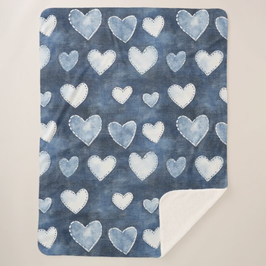 Blue Denim Hearts Sherpa Deken (Voorkant)