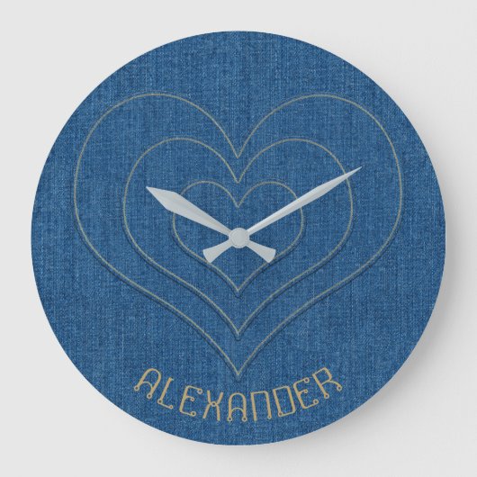 Blue Denim Jeans Fabric 3 Hearts Name Persoonlijk Grote Klok (Voorkant)