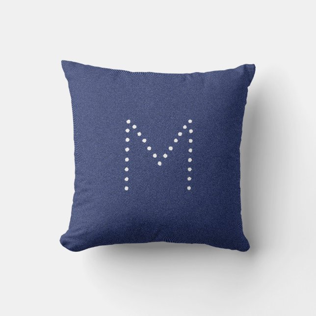 Blue Denim Jeans Pattern Monogram Gepersonaliseerd Kussen (Voorkant)