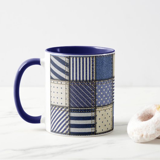 Blue Denim Patchwork Mok (Met donut)