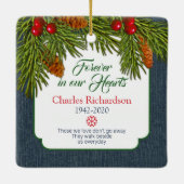 Blue Denim Pine Boughs Memorial Foto met kerstmis Keramisch Ornament (Achterkant)