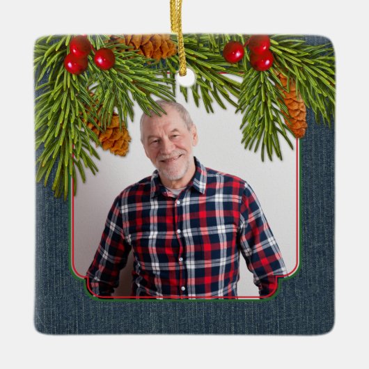 Blue Denim Pine Boughs Memorial Foto met kerstmis Keramisch Ornament (Voorkant)