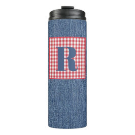 Blue Denim, Red & White Check, groot Initiaal 12 o Thermosbeker